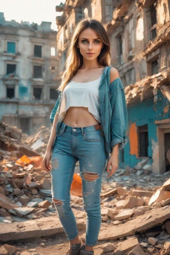 photo session in torn clothes,young model istanbul,jeans background,sofia,destroyed city,haifa,denim background,girl in a historic way,girl walking away,iranian,romanian,post apocalyptic,strong woman,rubble,girl in overalls,baghdad,cairo,colorful background,women clothes,city ​​portrait,Photography,Realistic