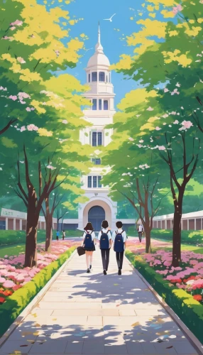 sakura background,palo alto,hall of supreme harmony,springtime background,hanoi,japanese sakura background,sakura trees,church painting,studio ghibli,tulip festival,soochow university,spring background,flower painting,digital painting,capitol square,the cherry blossoms,spring garden,tokyo disneyland,pyongyang,art background,Illustration,Japanese style,Japanese Style 06