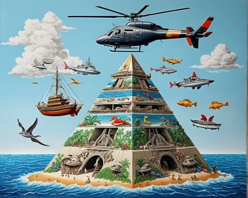 playmobil,flying island,rescue helicopter,rescue helipad,ocean pollution,animal tower,artificial islands,island suspended,air rescue,helicopters,mushroom island,floating island,helicopter,bird island,eurocopter,monkey island,noah's ark,tower of babel,sea fantasy,artificial island,Illustration,Realistic Fantasy,Realistic Fantasy 19