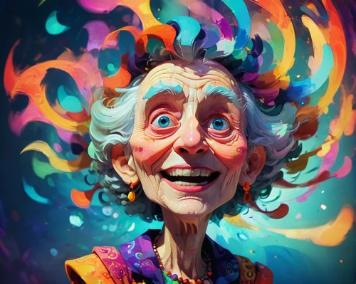 old woman,elderly lady,grandma,grandmother,granny,elderly person,ecstatic,old person,digital painting,grama,nanny,eleven,psychedelic art,old age,fantasy portrait,world digital painting,digital illustration,old human,hand digital painting,exploding head,Conceptual Art,Oil color,Oil Color 23