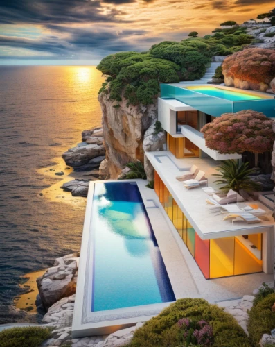 infinity swimming pool,landscape design sydney,dunes house,luxury property,holiday villa,pool house,cubic house,landscape designers sydney,modern house,modern architecture,beach house,holiday home,cube house,cliff top,cliffs ocean,summer house,luxury home,luxury real estate,house by the water,beautiful home