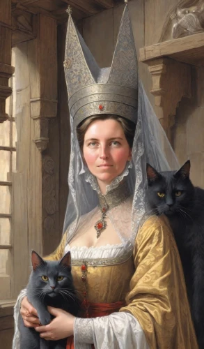 the hat of the woman,girl in a historic way,gothic portrait,portrait of a girl,woman holding pie,priestess,cat portrait,cat european,portrait of a woman,cat image,girl with dog,chartreux,cat,conical hat,girl with bread-and-butter,fantasy portrait,portrait of christi,woman's hat,girl with cloth,cat mom,Digital Art,Comic