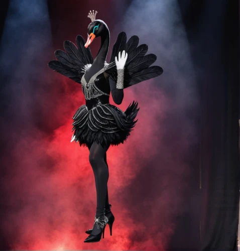 black swan,great as a stilt performer,neo-burlesque,flamenco,black angel,mourning swan,crow queen,burlesque,performer,showgirl,cabaret,dress walk black,gothic fashion,stiletto-heeled shoe,black macaws sari,queen of the night,costume design,high heeled shoe,applause,dress form,Photography,General,Realistic
