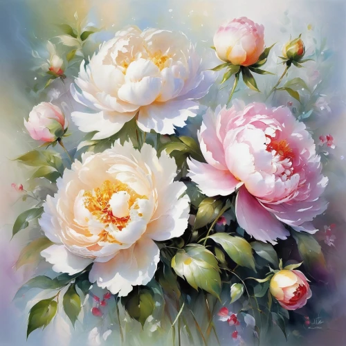 peonies,camellias,peony,flower painting,camelliers,garden roses,noble roses,pink peony,chinese peony,peony bouquet,blooming roses,peony frame,peony pink,camellia,esperance roses,camellia blossom,roses daisies,watercolor roses,rose flower illustration,spray roses,Conceptual Art,Oil color,Oil Color 03