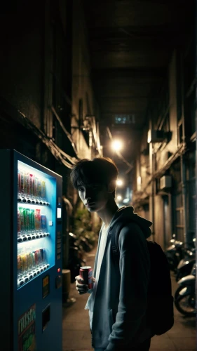 vending machine,illuminated advertising,vending machines,soda machine,cyberpunk,convenience store,arcade,man with a computer,jukebox,vending cart,commercial,digital advertising,arcades,lucozade,refrigerator,busan night scene,payphone,pay phone,cinematic,delivery man