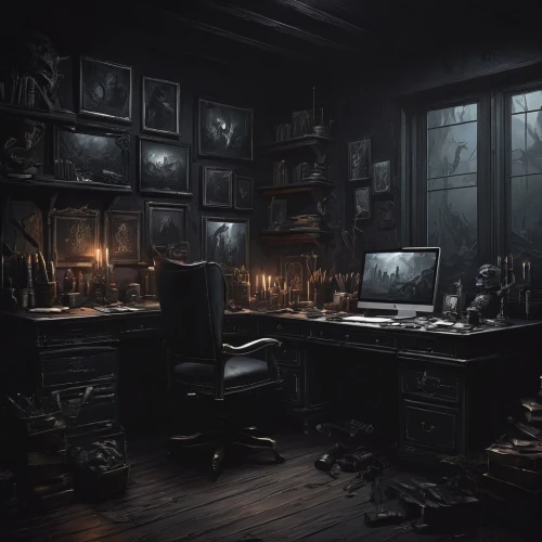 dark cabinetry,a dark room,dark cabinets,secretary desk,abandoned room,study room,apothecary,consulting room,dark art,doctor's room,witch house,writing desk,dark gothic mood,danish room,computer room,witch's house,victorian,watchmaker,desk,ornate room,Conceptual Art,Fantasy,Fantasy 34