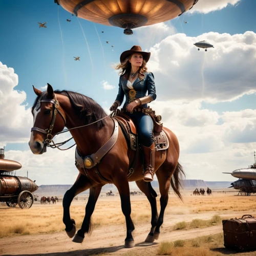 airships,airship,wild west,western riding,digital compositing,steampunk,cowgirl,lindsey stirling,cowgirls,cowboy mounted shooting,mexican hat,gunfighter,photo manipulation,parachutist,covered wagon,american frontier,sheriff,cowboy action shooting,western film,western,Photography,General,Cinematic