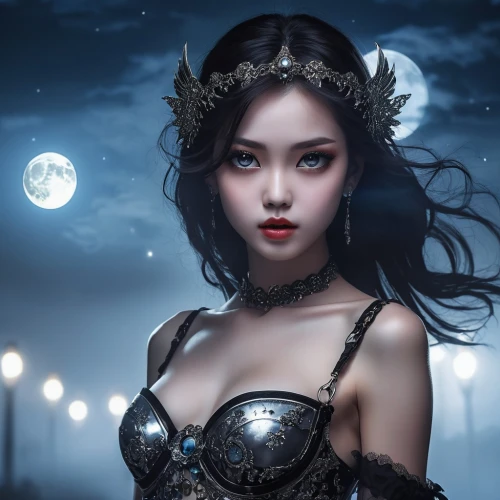 fantasy art,queen of the night,fantasy picture,fantasy portrait,moonlit,moonlit night,fantasy woman,oriental princess,the enchantress,lady of the night,mystical portrait of a girl,sorceress,gothic woman,black pearl,lunar phases,vampire woman,fairy tale character,blue moon rose,lunar eclipse,full moon,Photography,General,Realistic