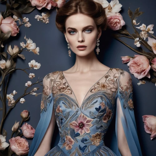 blue rose,mazarine blue,jasmine blue,vintage floral,with roses,elegant,elegance,magnolia,cinderella,blue birds and blossom,vogue,noble roses,valerian,evening dress,floral,wild roses,bridal clothing,fairy queen,ball gown,scent of roses,Photography,Fashion Photography,Fashion Photography 01