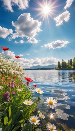 beautiful lake,background view nature,splendor of flowers,flower water,beautiful landscape,spring nature,meadow landscape,nature landscape,landscape background,white water lilies,spring lake,landscape nature,pond flower,landscapes beautiful,sea of flowers,heaven lake,beauty in nature,flower background,water lilies,a beautiful day,Photography,General,Realistic