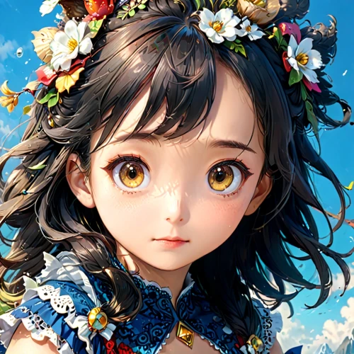 flower fairy,myosotis,fantasy portrait,heterochromia,portrait background,girl in flowers,floral wreath,sea of flowers,primrose,floral background,falling flowers,beautiful girl with flowers,japanese floral background,little girl fairy,mystical portrait of a girl,alice,forget me not,flower girl,wreath of flowers,little girl in wind,Anime,Anime,General