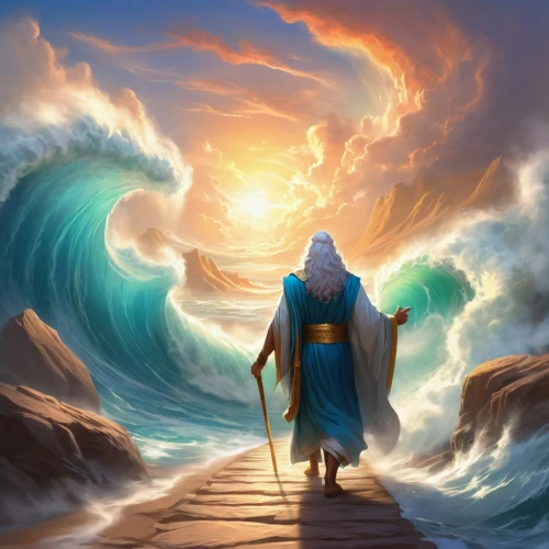 god of the sea,sea god,poseidon,el mar,moses,the road to the sea,poseidon god face,man at the sea,the wind from the sea,fantasy picture,ocean background,the endless sea,world digital painting,tidal wave,sea storm,the mystical path,pilgrimage,version john the fisherman,heaven gate,fantasy art,Illustration,Realistic Fantasy,Realistic Fantasy 01