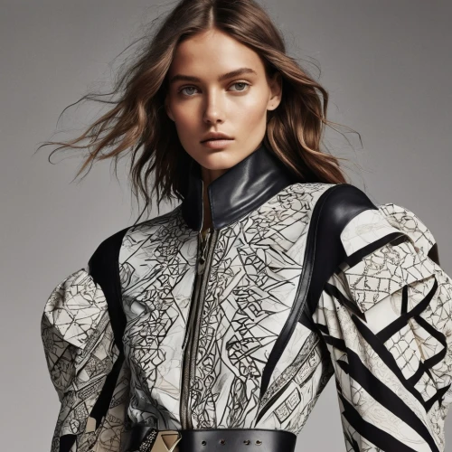 imperial coat,metallic feel,menswear for women,silver lacquer,geometric style,shoulder pads,bolero jacket,vogue,knight armor,foil and gold,patterned,joan of arc,versace,woman in menswear,silver,tisci,silvery,marbled,metallic,leather texture,Photography,Fashion Photography,Fashion Photography 26