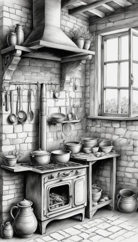 victorian kitchen,kitchen,the kitchen,vintage kitchen,kitchen interior,kitchenware,tile kitchen,cookery,tjena-kitchen,big kitchen,chefs kitchen,kitchen stove,kitchen shop,cookware and bakeware,stone oven,masonry oven,kitchen design,girl in the kitchen,cooking utensils,stove,Illustration,Black and White,Black and White 30