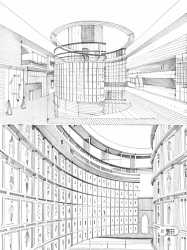 multistoreyed,bookshelves,shelving,sky space concept,panopticon,archidaily,shelves,ufo interior,bookcase,3d rendering,ceiling construction,kirrarchitecture,formwork,digitization of library,capsule hotel,architect plan,wireframe graphics,school design,storage,orthographic,Design Sketch,Design Sketch,Hand-drawn Line Art