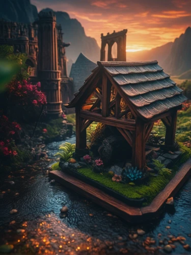 fairy house,miniature house,fantasy landscape,3d fantasy,3d render,wishing well,fairy door,little house,home landscape,fantasy picture,lonely house,fairy village,small house,summer cottage,ancient house,mountain settlement,witch's house,roof landscape,house in the forest,cottage,Photography,General,Fantasy