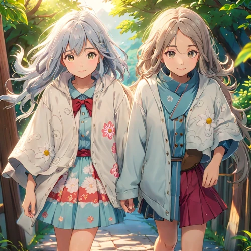 kimonos,two girls,summer clothing,sakura florals,children girls,fairies,anime japanese clothing,hikers,twin flowers,spring background,angels,hand in hand,forest walk,sisters,floral background,studio ghibli,flower background,springtime background,little girls walking,little angels,Anime,Anime,Traditional