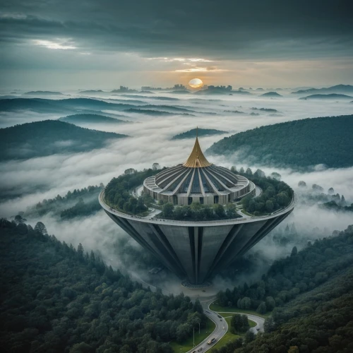 russian pyramid,flying saucer,futuristic architecture,buzludzha,alien ship,sky space concept,above the clouds,futuristic landscape,musical dome,ufo,aerial view umbrella,indonesia,roof domes,laser buddha mountain,malaysia,dhammakaya pagoda,vipassana,mists over prismatic,somtum,veil fog