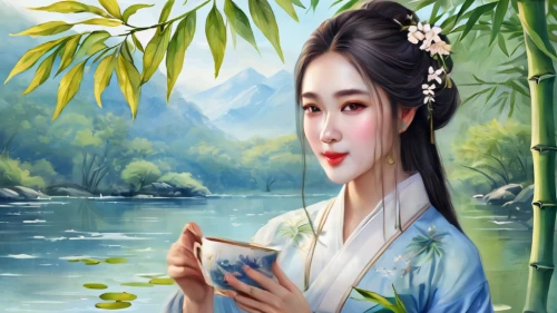 chinese art,oriental painting,oriental princess,bamboo flute,oriental girl,vietnamese woman,wuchang,ao dai,geisha girl,dongfang meiren,asian woman,landscape background,chinese background,oriental,nước chấm,geisha,viet nam,yunnan,mulan,yuanyang,Illustration,Paper based,Paper Based 24