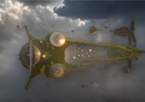 airships,sky space concept,airship,futuristic landscape,solar cell base,floating islands,alien ship,artificial island,ufo intercept,air ship,ufo,space port,ufo interior,3d render,floating island,render,3d rendering,mushroom island,space ships,digital compositing,Photography,General,Realistic