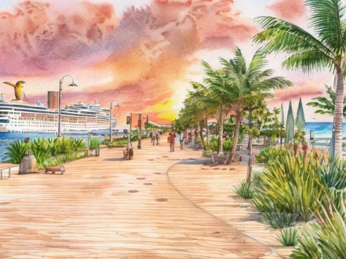 watercolor palm trees,board walk,boardwalk,seaside resort,eilat,watercolor pencils,cruise ship,sea fantasy,fort lauderdale,watercolor,lido di ostia,watercolor painting,broadway at beach,watercolor sketch,jumeirah beach hotel,santa monica pier,jumeirah beach,watercolor background,beach scenery,beach landscape,Landscape,Landscape design,Landscape Plan,Watercolor