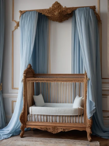 four poster,four-poster,canopy bed,chiavari chair,chaise longue,infant bed,mazarine blue,bed frame,baby bed,chiffonier,rococo,art nouveau frame,napoleon iii style,antique furniture,soft furniture,art nouveau frames,a curtain,baby room,sleeper chair,shabby-chic,Photography,General,Natural