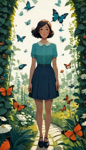 chasing butterflies,digital illustration,girl in the garden,butterflies,garden fairy,clove garden,forest walk,springtime background,rosa ' amber cover,wonderland,lilly pond,forget-me-not,forest clover,book illustration,moths and butterflies,studio ghibli,butterfly green,julia butterfly,vanessa (butterfly),wander,Illustration,Vector,Vector 05