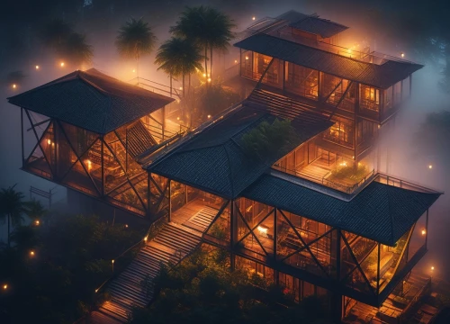 treehouse,fire tower,tree house,house in the forest,tree house hotel,wooden houses,fire escape,hanging houses,isometric,roofs,lonely house,house in mountains,wooden house,house roofs,apartment complex,house in the mountains,apartment house,abandoned place,high fog,rooftops,Photography,General,Fantasy