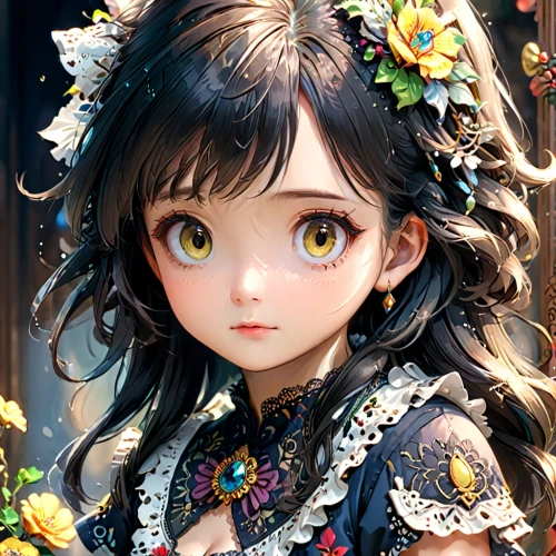 artist doll,female doll,primrose,fantasy portrait,flower fairy,painter doll,japanese doll,vanessa (butterfly),fairy tale character,floral wreath,flower girl,girl in flowers,little girl fairy,flora,chibi girl,amano,cloth doll,beautiful girl with flowers,mystical portrait of a girl,child fairy,Anime,Anime,General