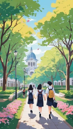 sakura trees,japanese sakura background,sakura background,little girls walking,studio ghibli,school children,the cherry blossoms,springtime background,euphonium,spring blossoms,tokyo disneyland,sakura blossoms,spring background,spring garden,flower painting,sakura tree,sakura branch,stroll,takato cherry blossoms,walk in a park,Illustration,Japanese style,Japanese Style 06