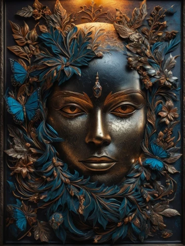 carved wood,venetian mask,art nouveau frame,golden wreath,wooden mask,wood carving,art nouveau frames,masquerade,decorative frame,art nouveau,girl in a wreath,decorative art,autumn wreath,wood art,copper frame,terracotta,decorative figure,door wreath,blue leaf frame,masque,Photography,General,Fantasy