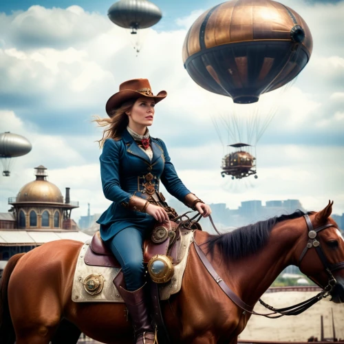 western riding,steampunk,cowgirls,western pleasure,wild west,lindsey stirling,cowgirl,charreada,digital compositing,airship,airships,rodeo,image manipulation,barrel racing,cowboy mounted shooting,equestrian,western film,american frontier,sheriff,equestrian helmet,Photography,General,Cinematic