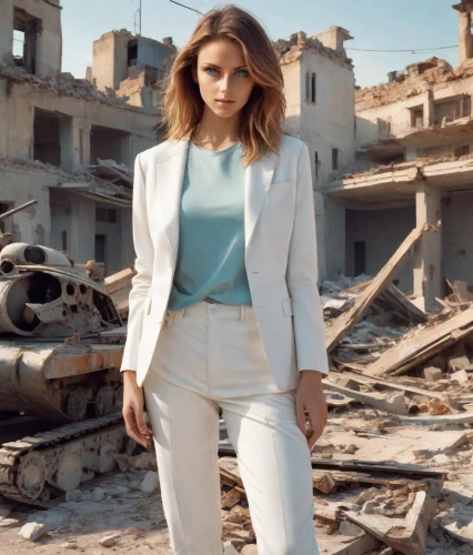 pantsuit,business woman,businesswoman,photo session in torn clothes,rubble,navy suit,bolero jacket,vanity fair,femme fatale,demolition,jumpsuit,vogue,menswear for women,sofia,girl with a gun,building rubble,young model istanbul,fierce,girl with gun,model-a,Photography,Realistic