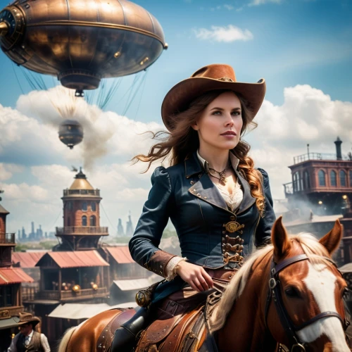 steampunk,western riding,cowgirls,airship,digital compositing,wild west,western,western pleasure,airships,charreada,cowgirl,western film,leather hat,musketeer,venetia,joan of arc,girl in a historic way,caravel,the hat of the woman,miss circassian,Photography,General,Cinematic