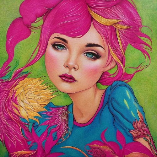 girl in a wreath,girl in flowers,eglantine,girl portrait,rosella,portrait of a girl,fantasy portrait,color pencils,flora,boho art,fairy peacock,mystical portrait of a girl,faery,pink lady,young woman,colour pencils,pink flamingo,fringed pink,peony pink,fae,Illustration,Abstract Fantasy,Abstract Fantasy 10