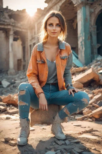 photo session in torn clothes,sofia,kenya,jeans background,rubble,denim background,ripped jeans,jean jacket,the blonde photographer,ruin,portrait background,girl in a historic way,georgia,demolition,strong woman,ammo,bylina,blonde woman,girl in overalls,on the ground,Photography,Realistic