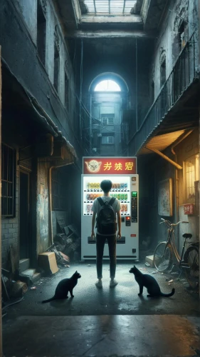 rescue alley,district 9,pet shop,fallout4,digital compositing,dog street,kowloon city,photo manipulation,abduction,cyberpunk,photomanipulation,black city,kowloon,post apocalyptic,street pigeons,strays,concept art,stray dogs,fallout shelter,street dogs