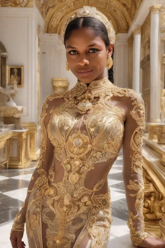 golden weddings,ancient egyptian girl,versace,cleopatra,african american woman,gold lacquer,beautiful african american women,gold foil 2020,queen bee,gold paint stroke,jasmine bush,oriental princess,jaya,gold jewelry,pharaonic,latex clothing,gold plated,silk,pharaoh,gold ornaments,Photography,Realistic