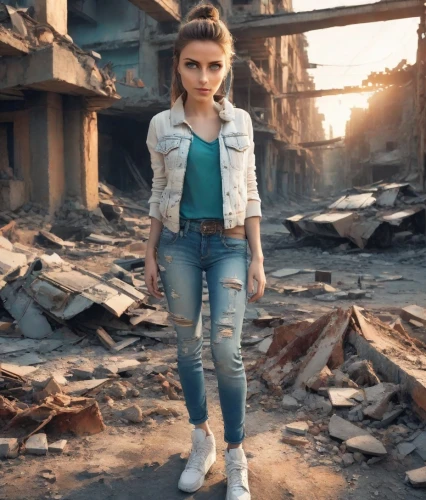 photo session in torn clothes,concrete chick,concrete background,young model istanbul,demolition,post apocalyptic,girl in overalls,sofia,destroyed city,girl walking away,rubble,jeans background,denim background,female model,denim,wasteland,ripped jeans,digital compositing,demolition work,denim jacket,Photography,Realistic