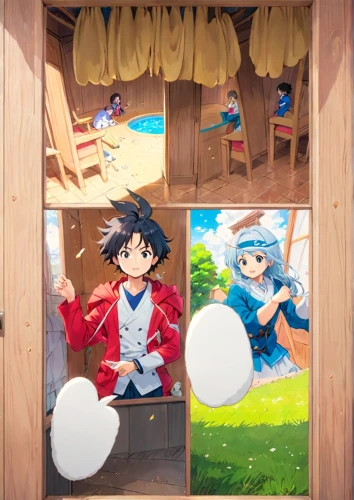 boy's room picture,studio ghibli,japanese-style room,kids room,children's bedroom,children's room,puppet theatre,the little girl's room,baby room,room divider,playset,children's interior,thatch umbrellas,playing room,children's playhouse,detective conan,dandelion hall,beach hut,wooden mockup,sleeping room,Anime,Anime,Traditional