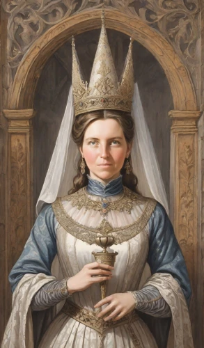 joan of arc,gothic portrait,the prophet mary,woman holding pie,the angel with the veronica veil,portrait of christi,chalice,portrait of a girl,priestess,praying woman,heart with crown,vestment,medieval hourglass,girl with cereal bowl,portrait of a woman,the hat of the woman,priest,woman drinking coffee,girl in a historic way,tiara,Digital Art,Comic