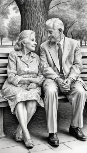 old couple,park bench,pencil drawings,grandparents,elderly people,conversation,pensioners,courtship,couple in love,outdoor bench,wooden bench,old age,love couple,bench,man on a bench,pencil drawing,vintage man and woman,two people,man and woman,benches,Illustration,Black and White,Black and White 30