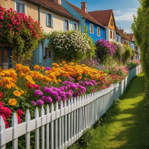 row of houses,colorful flowers,giverny,normandy,northern germany,cottages,mackinac island,bright flowers,townhouses,splendor of flowers,garden fence,white picket fence,blocks of houses,houses clipart,wooden houses,petunias,summer flowers,tulpenbüten,picket fence,blanket of flowers,Photography,General,Natural
