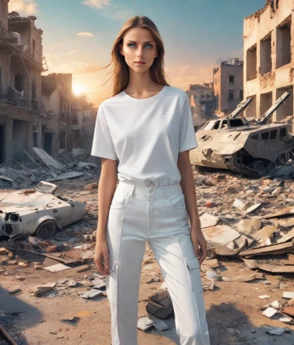 white clothing,white shirt,menswear for women,bazaar,jumpsuit,rubble,women's clothing,photo session in torn clothes,female model,magazine cover,women clothes,young model istanbul,white-collar worker,building rubble,white,women fashion,one-piece garment,white silk,digital compositing,destroyed city,Photography,Realistic