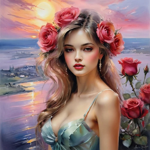 romantic portrait,romantic rose,wild roses,rose flower illustration,fantasy art,wild rose,flower painting,art painting,fantasy portrait,beautiful girl with flowers,bright rose,girl in flowers,oil painting on canvas,landscape rose,boho art,world digital painting,oil painting,fantasy picture,blooming roses,romantic look,Illustration,Paper based,Paper Based 11