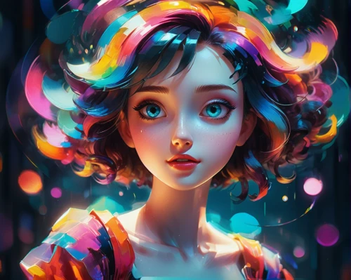 mystical portrait of a girl,colorful light,fantasy portrait,colored lights,girl with speech bubble,digital painting,neon candies,neon ghosts,colorful doodle,girl in a wreath,colorful spiral,colorful heart,transistor,colorful stars,digital art,luminous,fireflies,girl portrait,lights,world digital painting,Conceptual Art,Daily,Daily 21