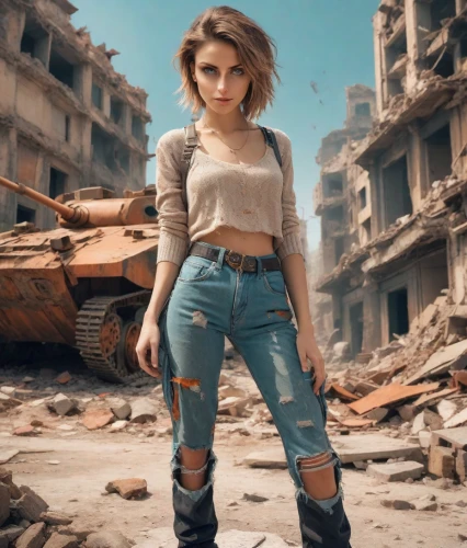 girl in overalls,post apocalyptic,rubble,sofia,lost in war,girl in a historic way,demolition,syrian,wasteland,dystopian,destroyed city,warsaw uprising,apocalyptic,war,strong woman,photo session in torn clothes,photoshop manipulation,stalingrad,girl with gun,khaki,Photography,Realistic
