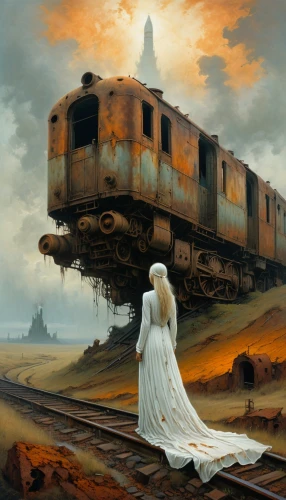 ghost locomotive,train of thought,last train,ghost train,the train,wedding dress train,the girl at the station,long-distance train,locomotive,train,traveller,train cemetery,disused trains,train crash,train car,journey,dead bride,electric locomotive,still transience of life,traveler,Conceptual Art,Oil color,Oil Color 02