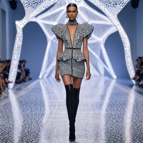 runway,catwalk,dress walk black,fashion design,runways,chain mail,wire mesh,menswear for women,basotho,woman in menswear,biomechanical,fashion illustration,versace,fashion designer,geometric pattern,geometric style,fashion vector,fur clothing,one-piece garment,woman walking,Photography,General,Realistic