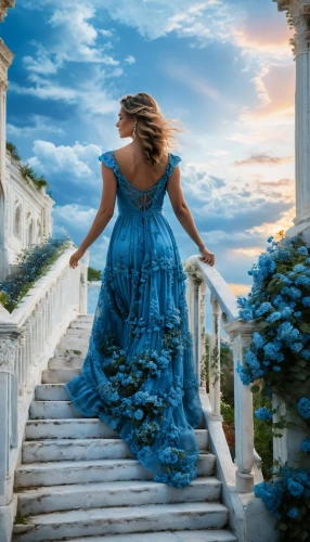 celtic woman,girl on the stairs,girl in a long dress,blue enchantress,photo manipulation,fantasy picture,gracefulness,image manipulation,trisha yearwood,photoshop manipulation,steps,blue moment,enchanting,blue dress,winding steps,jasmine blue,girl in a long dress from the back,shades of blue,blue rose,way of the roses,Photography,General,Fantasy